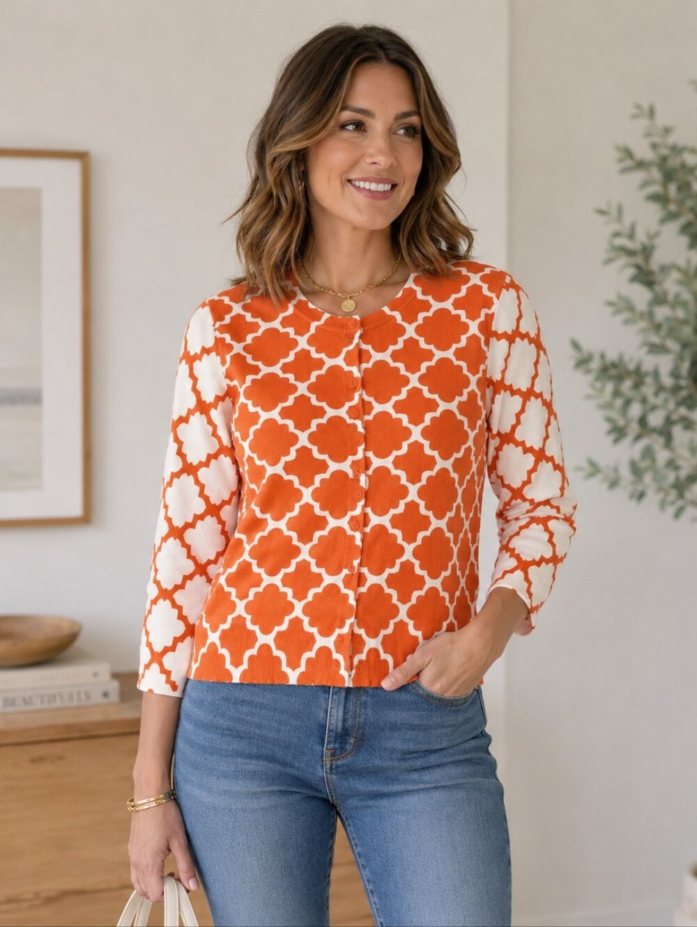 NEW - Crown and ivy orange and white three quarter sleeve sweater